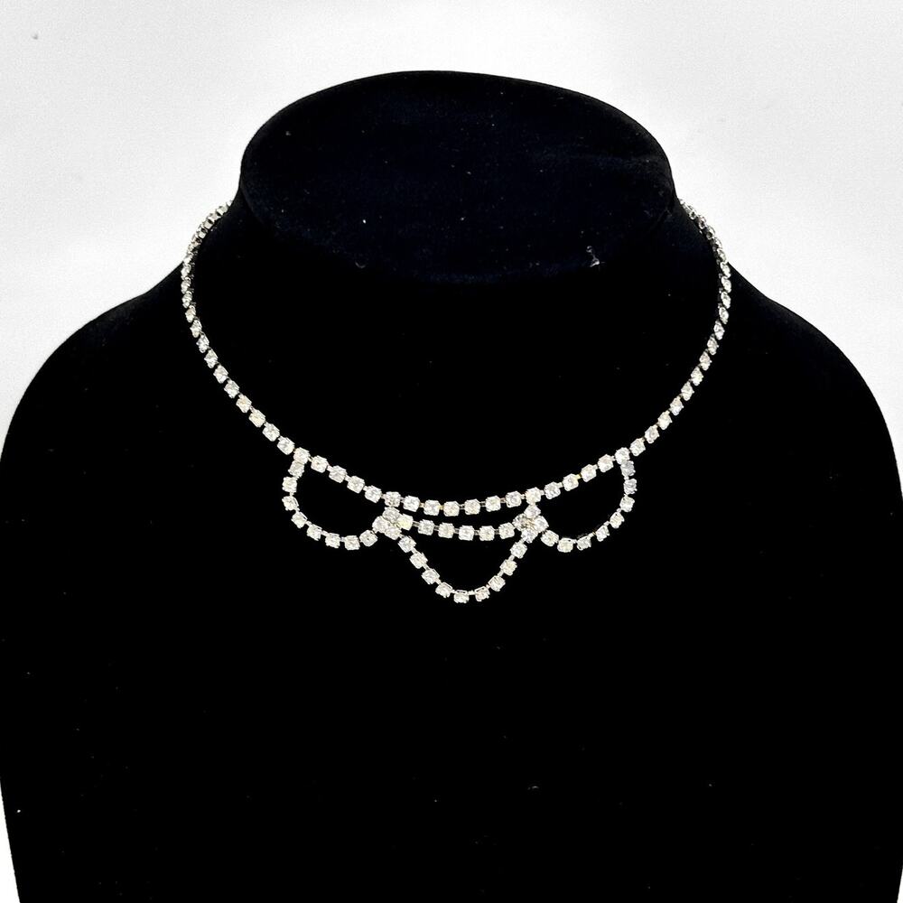Vintage Rhinestone Necklace Clear Crystal Style Scalloped Swag Costume Jewelry